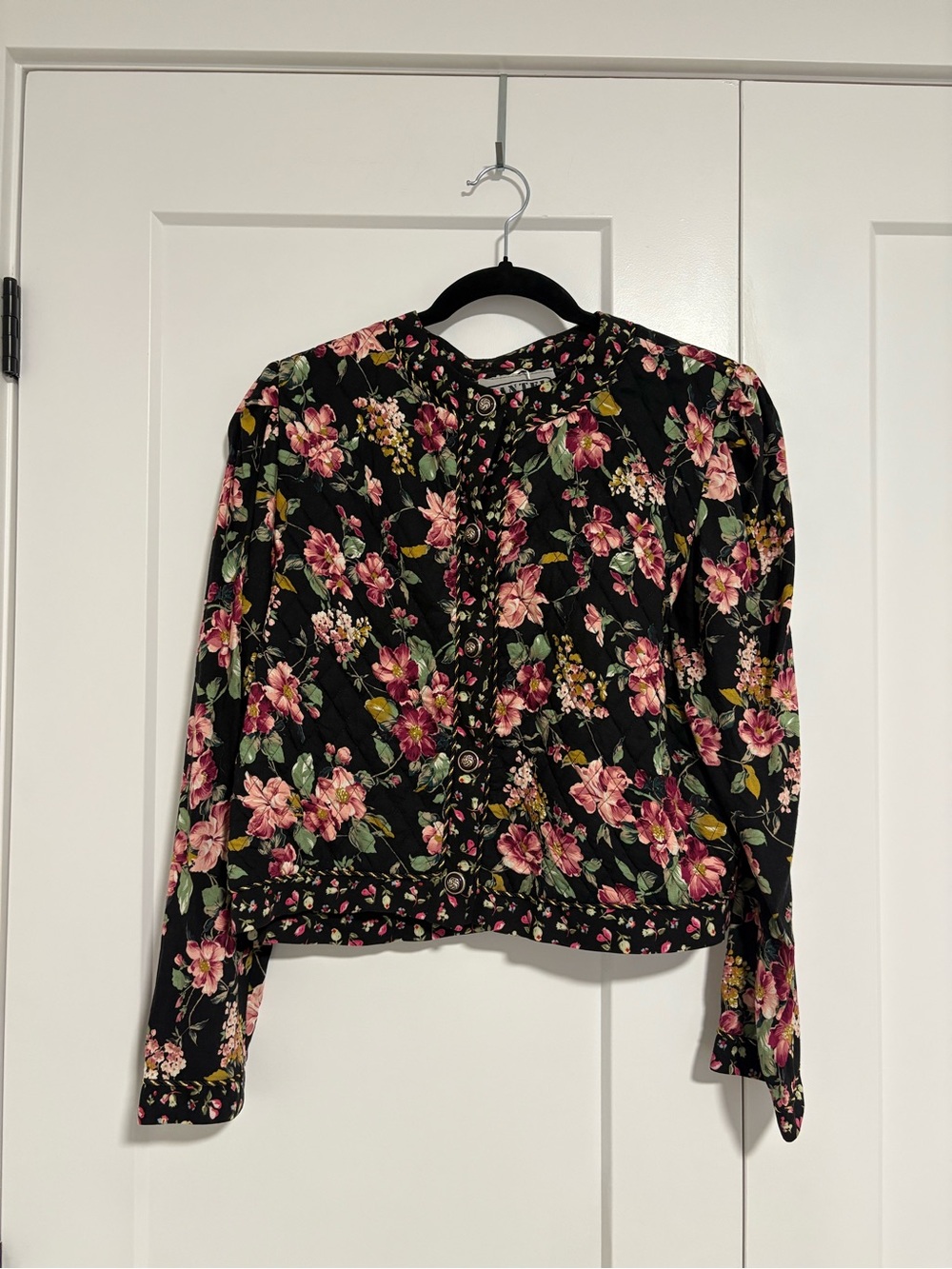 Vintage Floral Quilted Bomber Jacket Black Pink Floral Size Medium - Picture 2 of 12